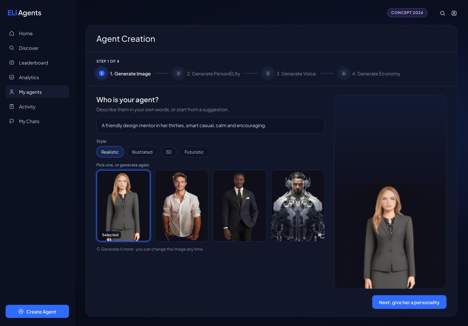 Concept: step 1 of agent creation. The creator describes the agent in plain words, picks a style and chooses one of four generated portraits.