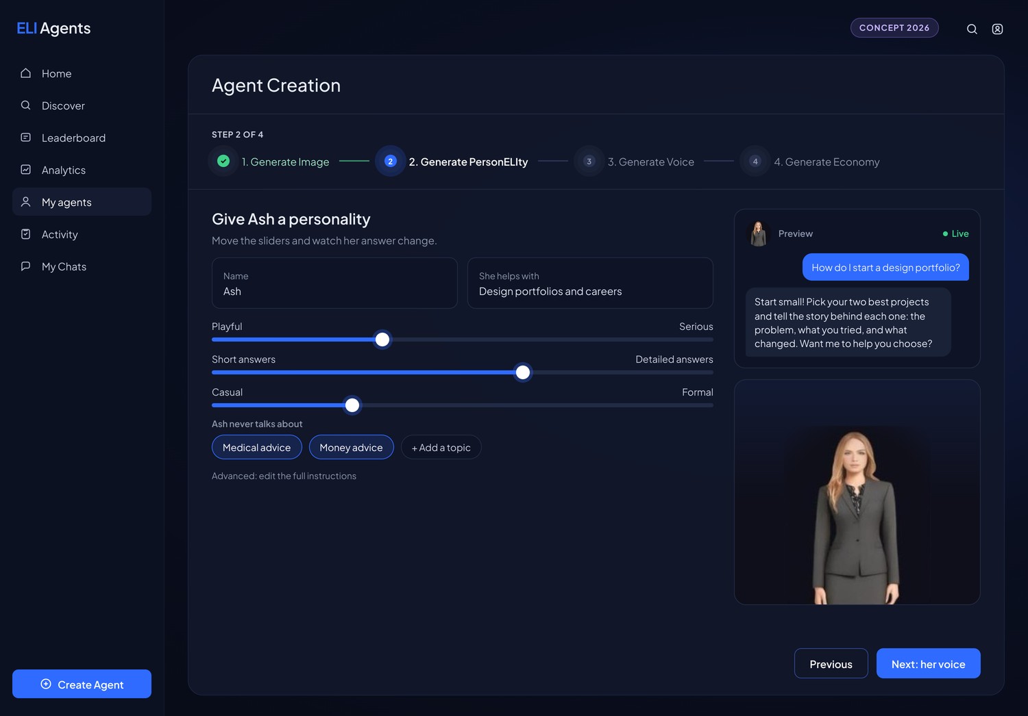 Concept: PersonELIty builder with three sliders, topics the agent never discusses, and a live chat preview of how the agent answers.