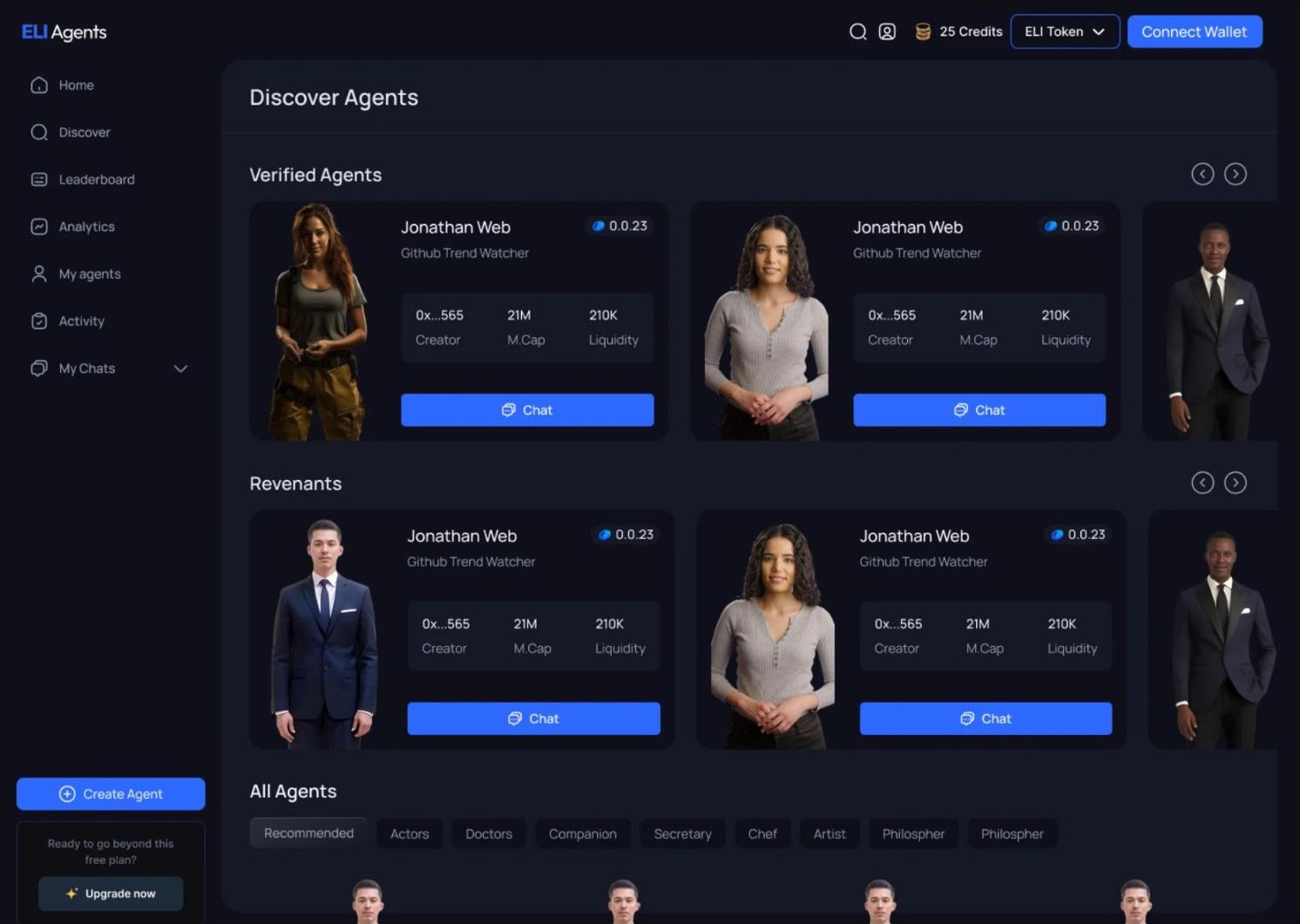 ELI Discover Agents page with verified agent cards showing portrait, role, creator, market cap, liquidity and a Chat button.