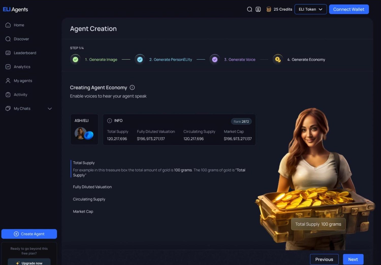 ELI agent creation with a four step progress bar: Generate Image, Generate PersonELIty, Generate Voice, Generate Economy.