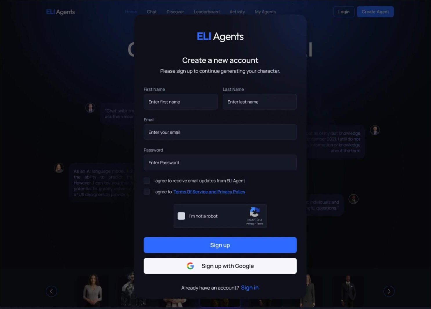 ELI sign up modal with name, email and password fields, Sign up and Sign up with Google buttons, and no wallet step.