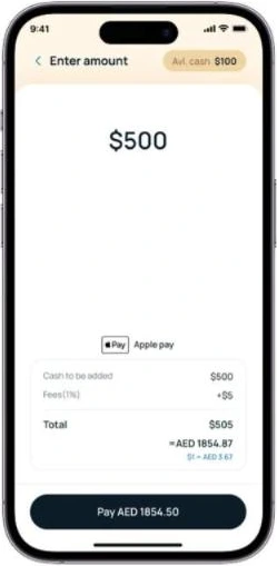 Enter amount with Apple Pay: amount, 1% fee, total and converted local amount