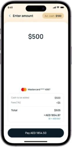 Enter amount by card: $500 plus a $5 fee, total $505, about AED 1854.87