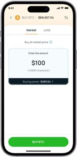 Buy BTC: the same Market and Limit tabs and dollar amount entry as stocks