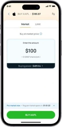 Buy: amount in dollars with the share estimate and buying power underneath
