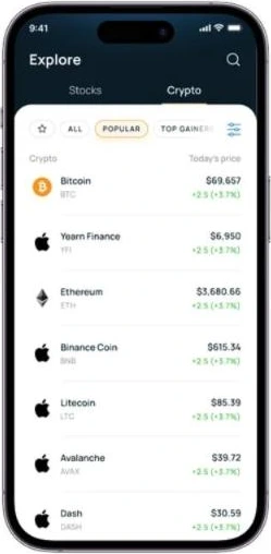 Explore: a Stocks and Crypto toggle with today's price and change on every row
