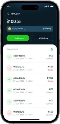 My cash: balance and cash history, with failed transactions marked