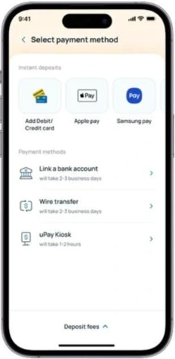 Payment methods, each labelled with its speed