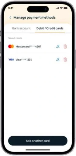 Manage payment methods: saved bank accounts and cards, editable in one place
