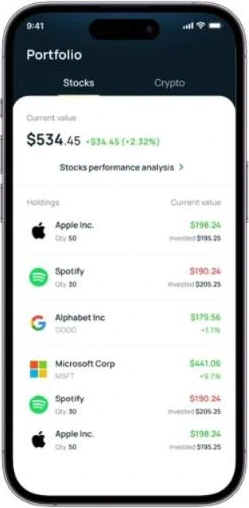 Portfolio: current value with today's change, then holdings with quantity and amount invested