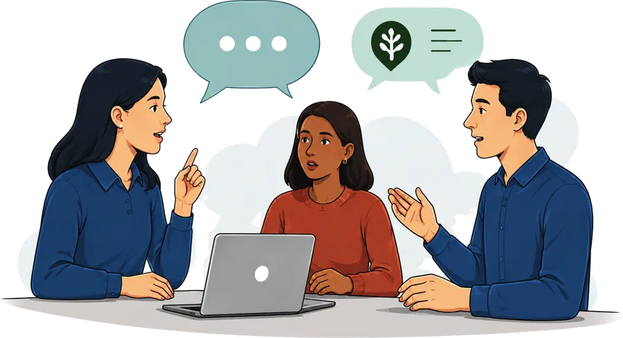 Illustration of a semi structured interview between three people around a laptop.