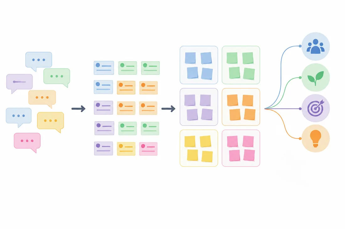 Diagram of the synthesis process: open responses become coded notes, grouped categories, themes and finally design opportunities.