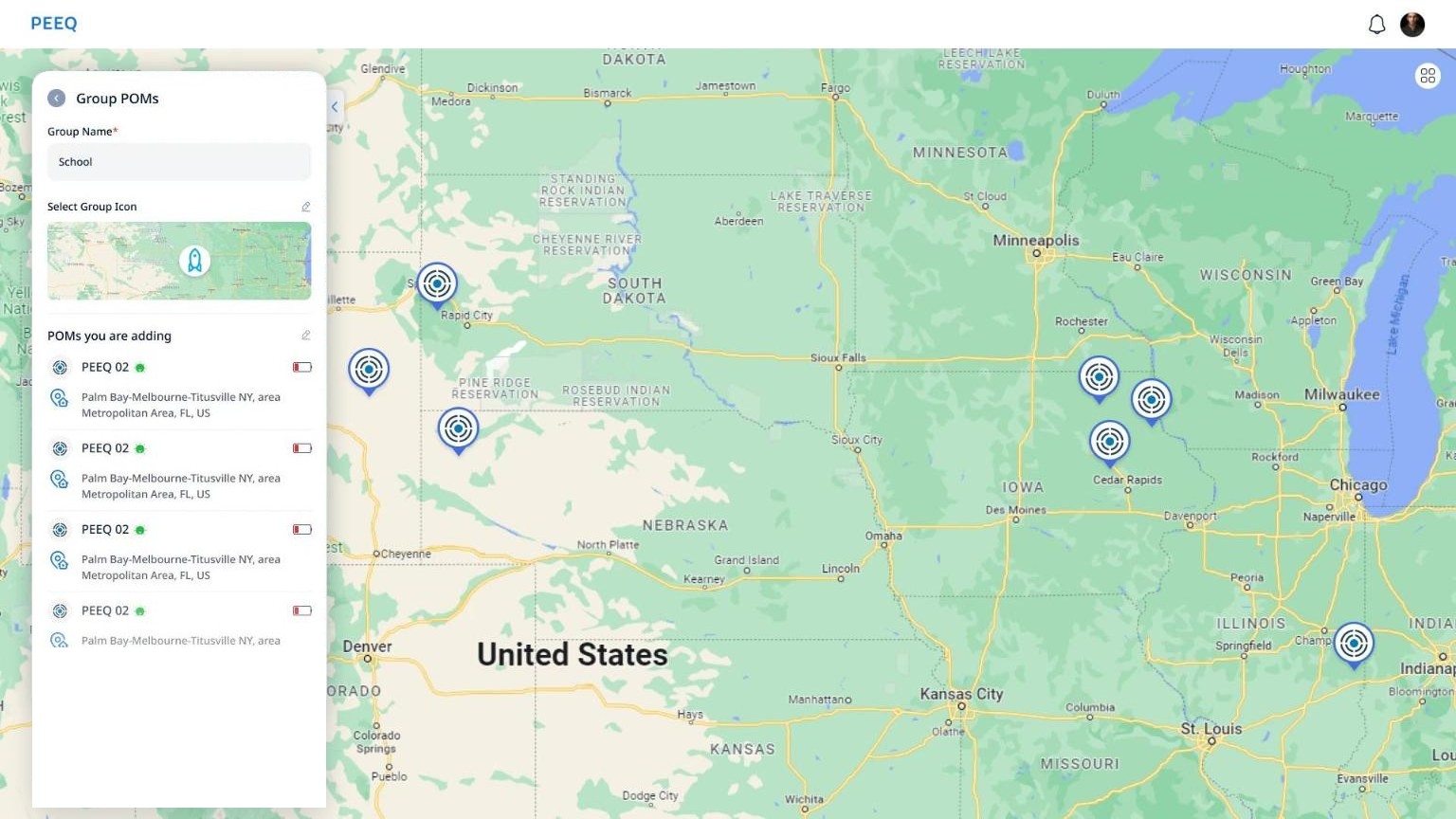 PEEQ create group panel with a group name, an icon placed on the map and the devices being added.