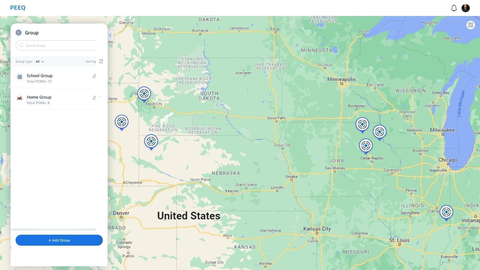PEEQ group list showing School Group with 12 devices and Home Group with 8, with an Add Group button.