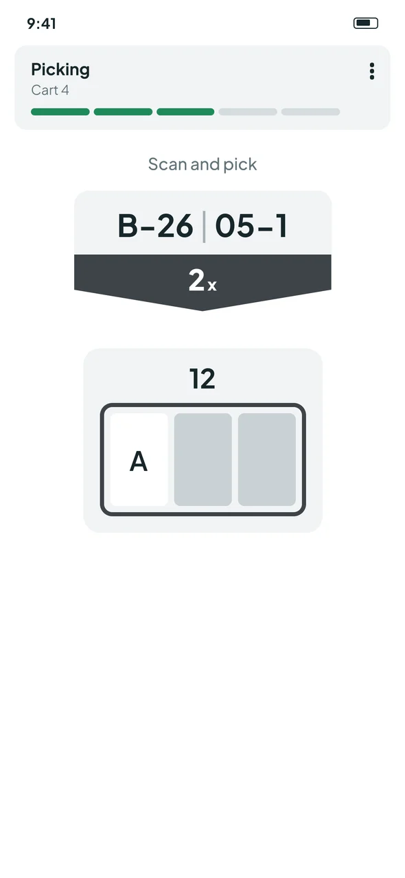 Before the update: a Picking header with cart ID, location B-26 05-1, a large 2x quantity in a dark arrow and a large tote diagram with slot A.