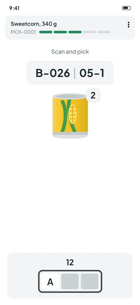 Picnic's update: the product name as header, location B-026 05-1, a product image with a small 2 badge, and a smaller tote diagram.
